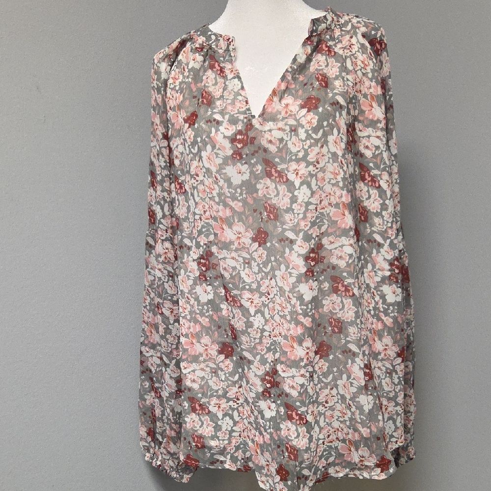 Rebecca Taylor Floral Long Sleeve Blouse in Pink and Gray